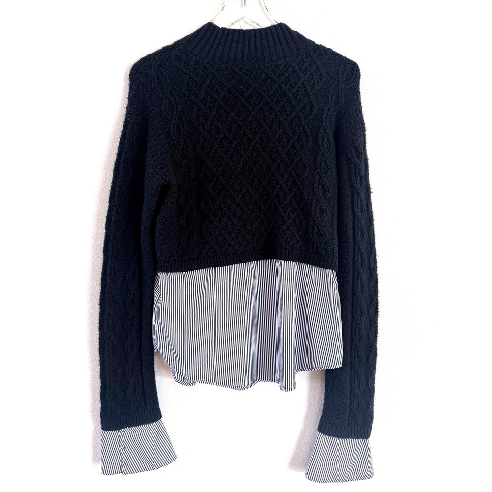 Maeve by Anthropologie Navy Cable-Knit Layered Sweater with Striped Shirt Hem - Picture 4 of 4